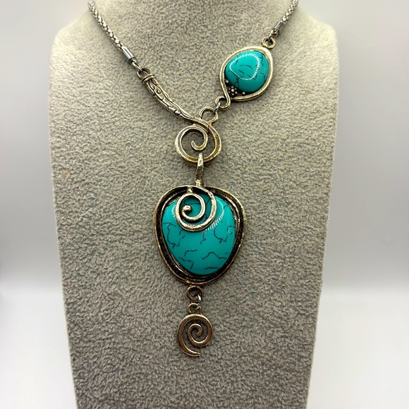 Vintage Norse Asymmetrical Design Chunky Turquoise and Silver Necklace - Picture 1 of 9